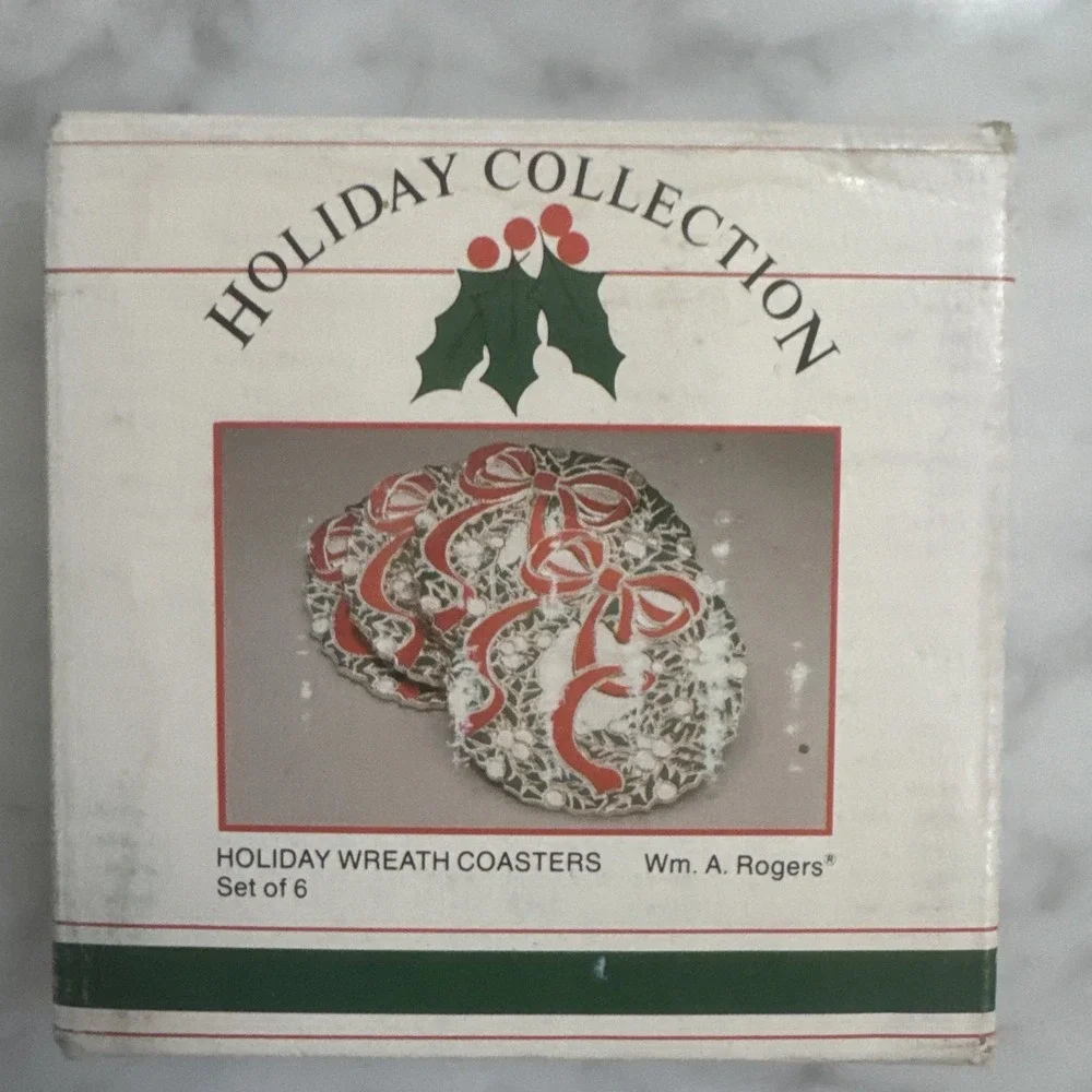 Vintage Holiday 6 Wreath Coasters Oneida Japan Silver Plate, Rogers 1988